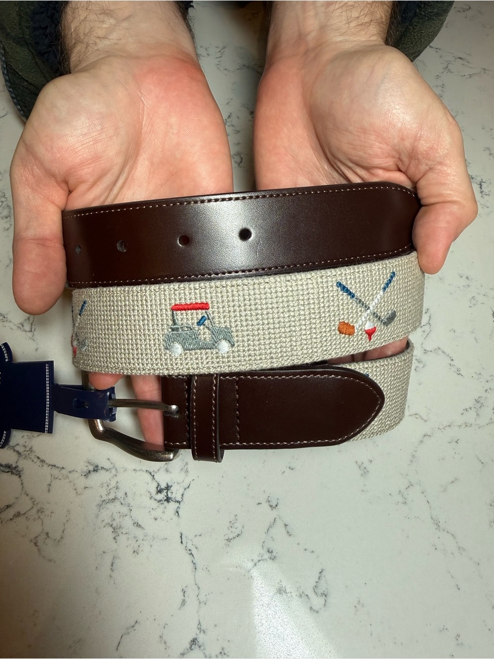 Original Penguin Men's Brown Leather-Trim Embroidered Golf Belt